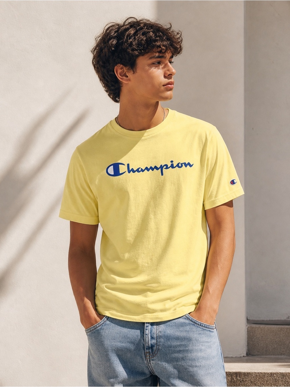 NWT Champion Script Logo T-Shirt Yellow Limelight Tee Youth Large
